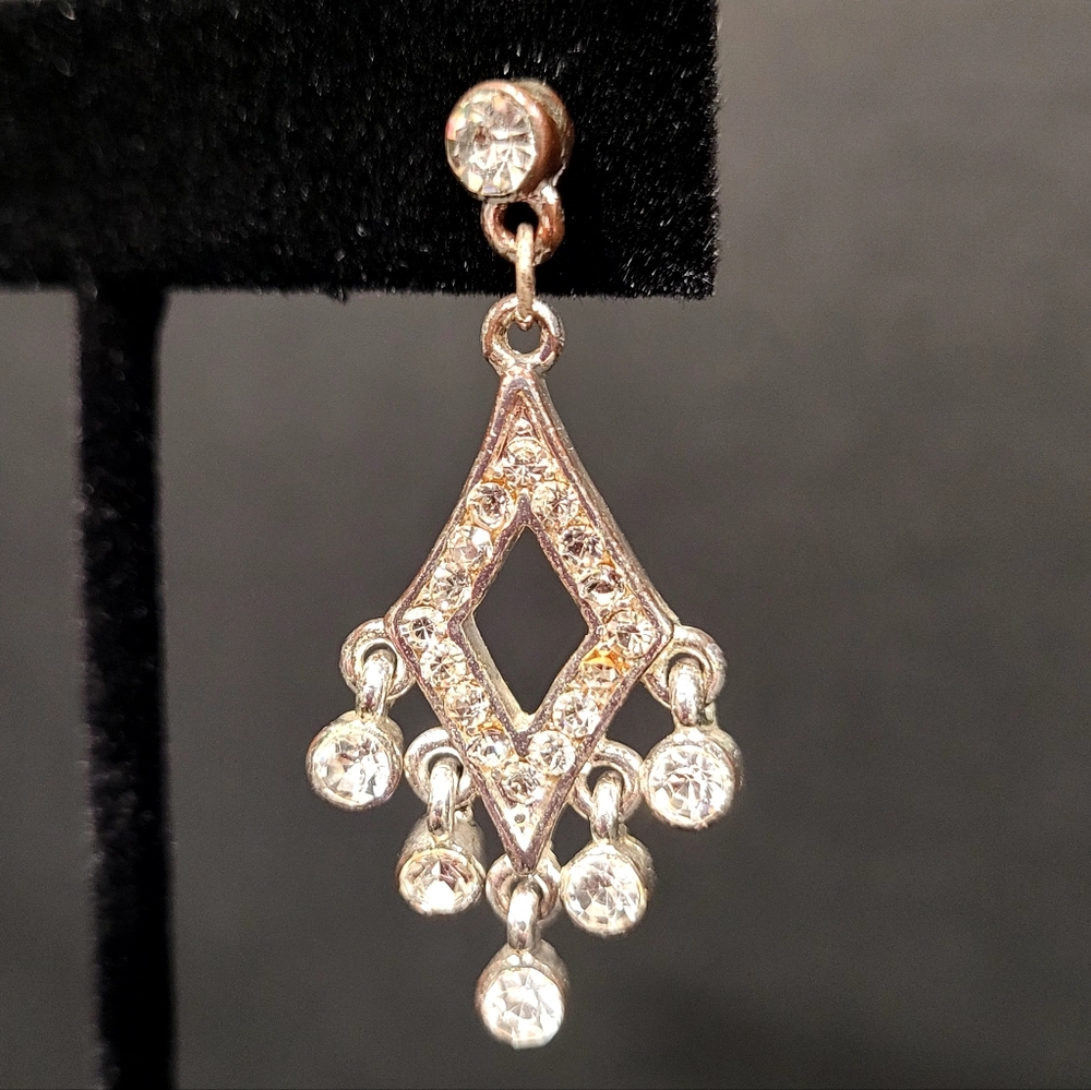 Vintage Silvertone Rhinestone Chandelier Pierced Earrings Brilliant Cut 1 1/2"